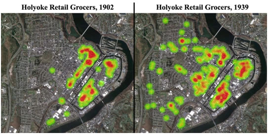 Density of Grocers in Holyoke between 1902 and 1939